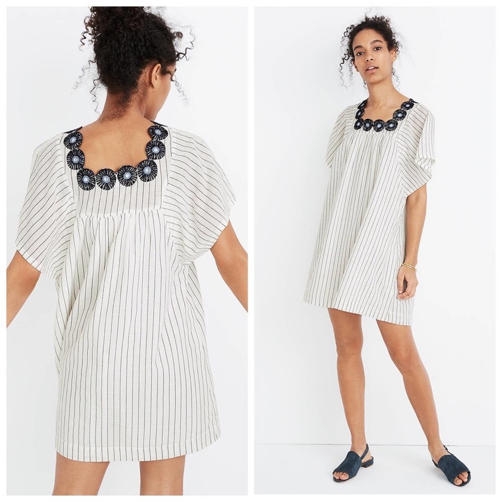 Madewell Embroidered Floral Striped Cotton Flare Sleeve Butterfly Shift Dress